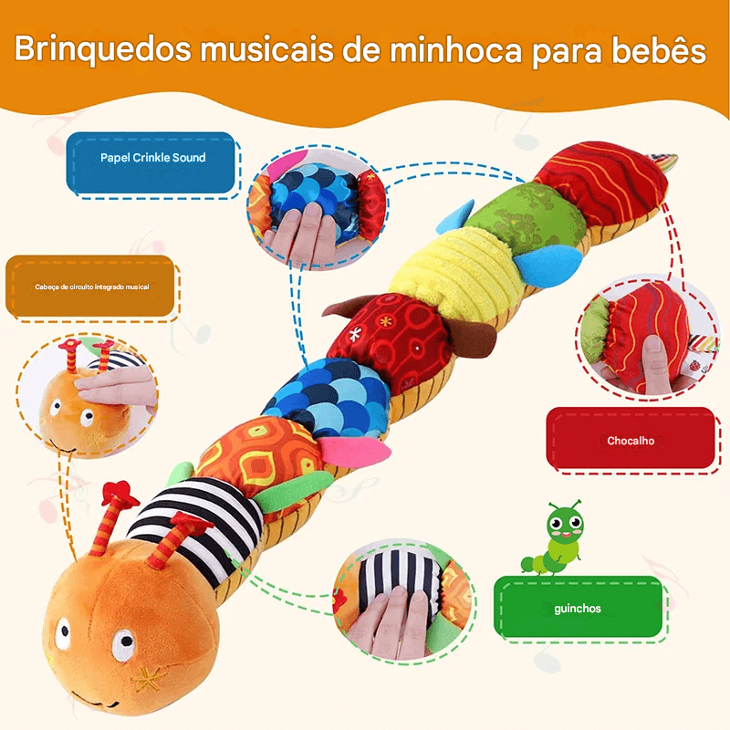 Chocalho Musical Baby - Lagarta Macia Pelúcia para Bebês